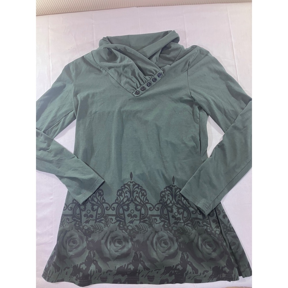 Gaharu Green Rose Print Cowl Neck Long Sleeve Tunic Top Size S